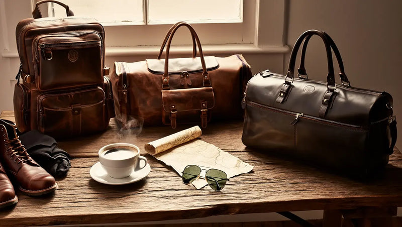 premium handcrafted leather travel and backpack bags on rustic table setup with coffee cup and travel accessories