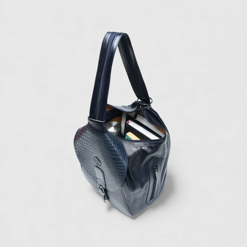 Croco Leather Shoulder Bag - Navy Blue Colour