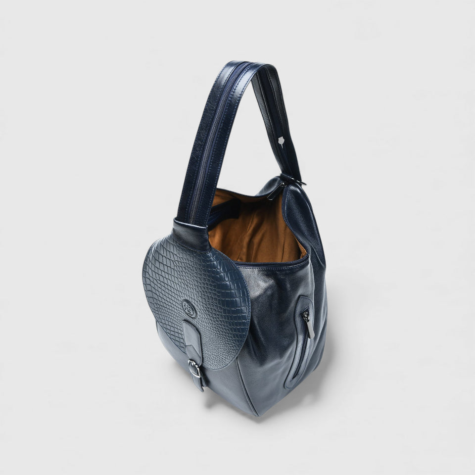 Croco Leather Shoulder Bag - Navy Blue Colour