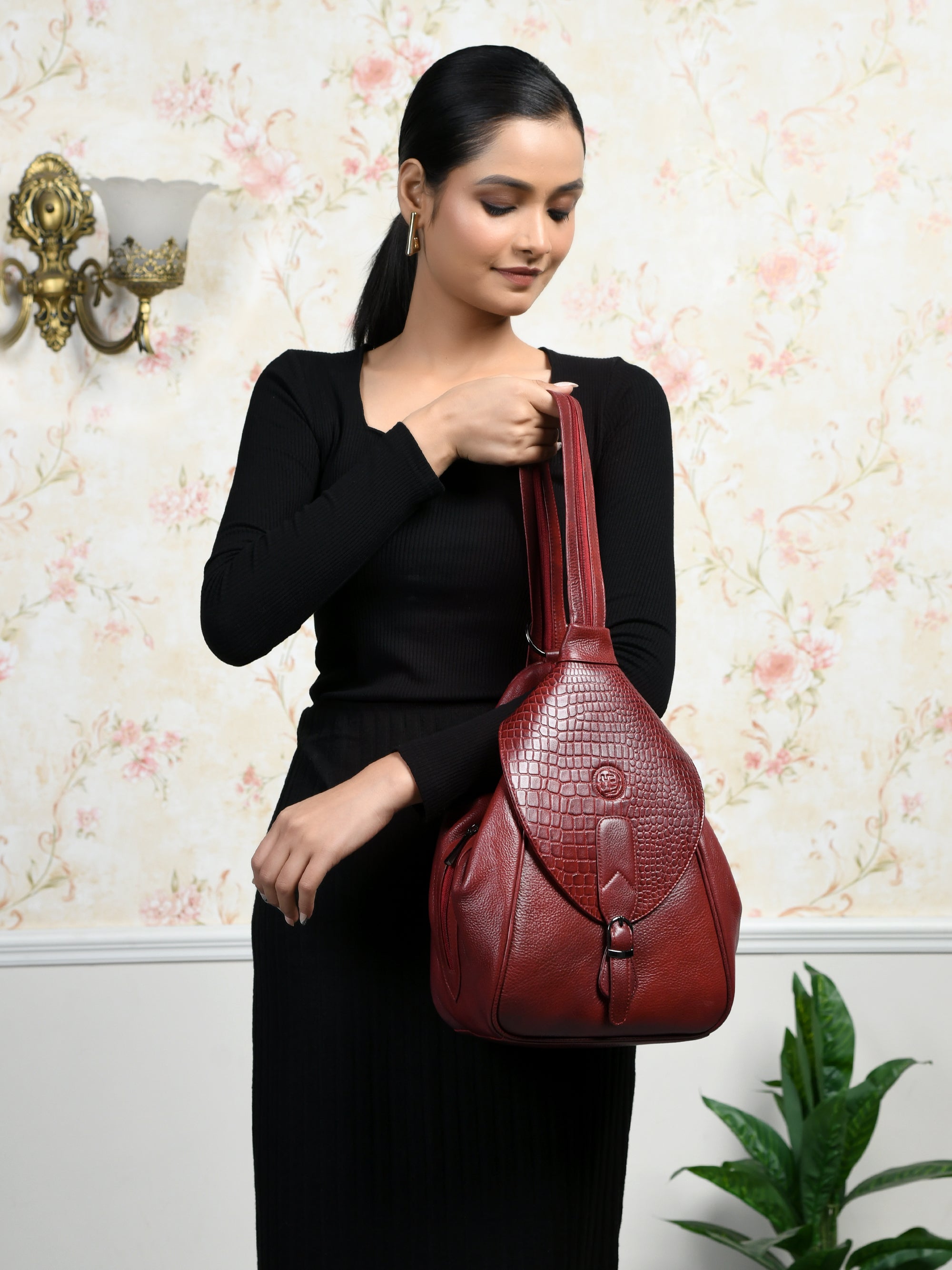 Croco Leather Shoulder Bag - Red Colour