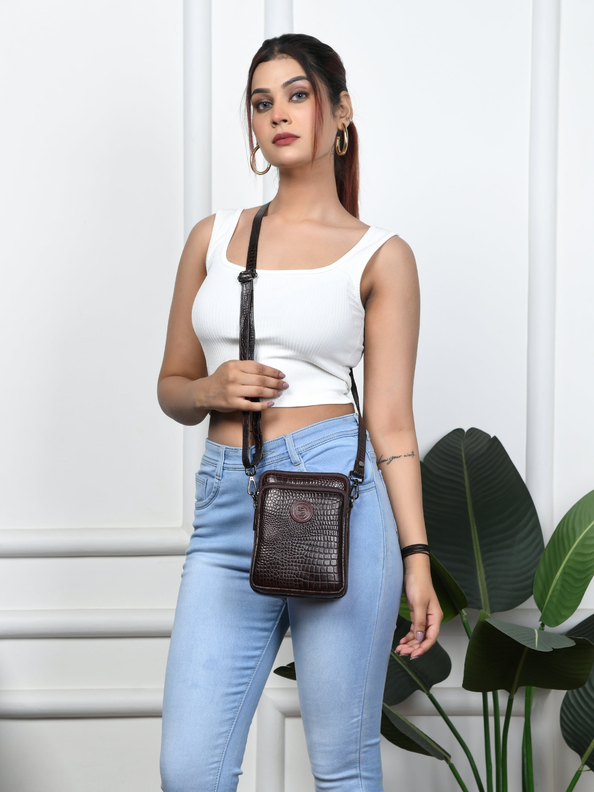 Croc Luxe Leather Sling Bag - Maroon Colour