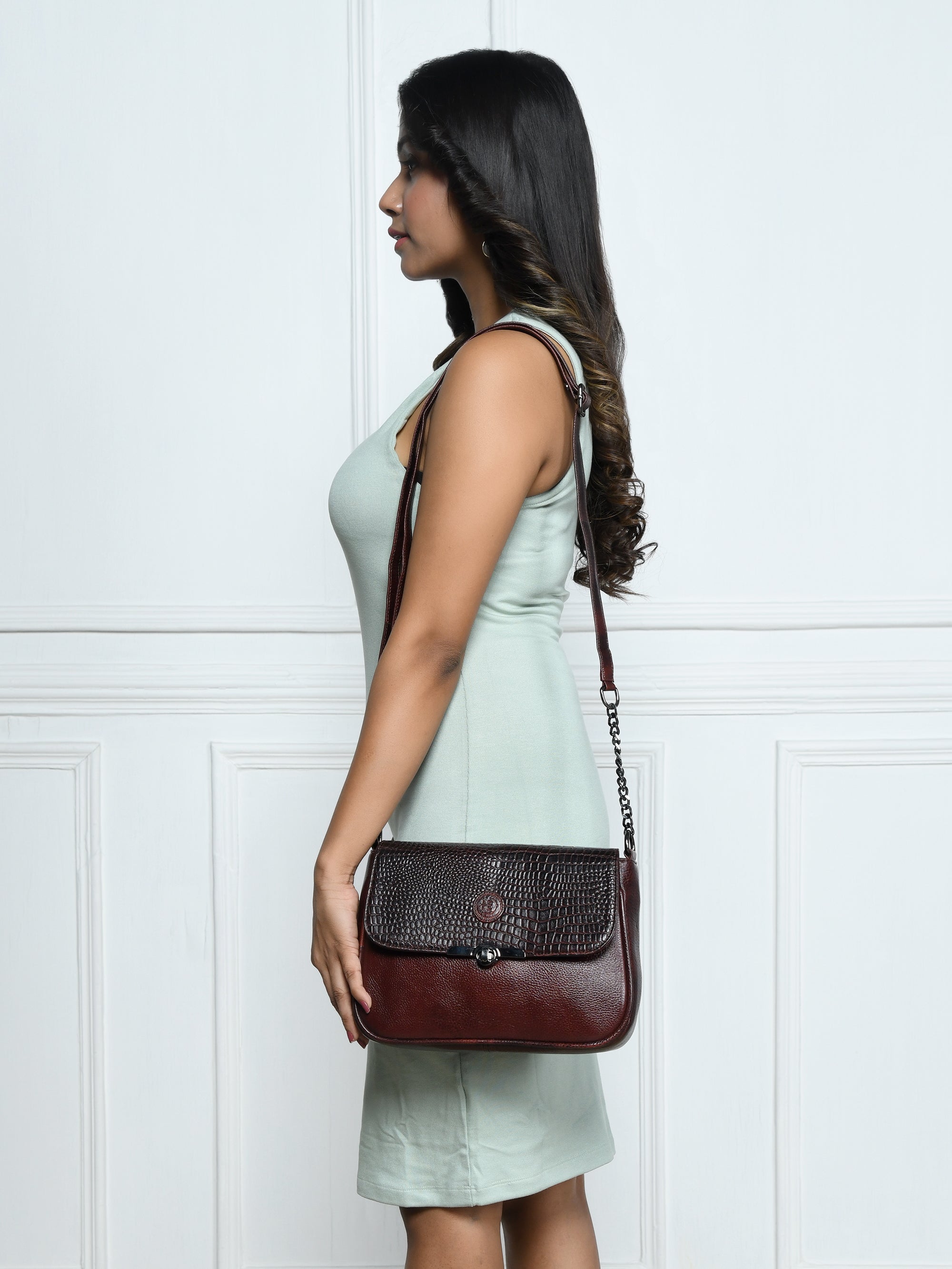 Regal Noir Croc Handbag - Maroon Colour