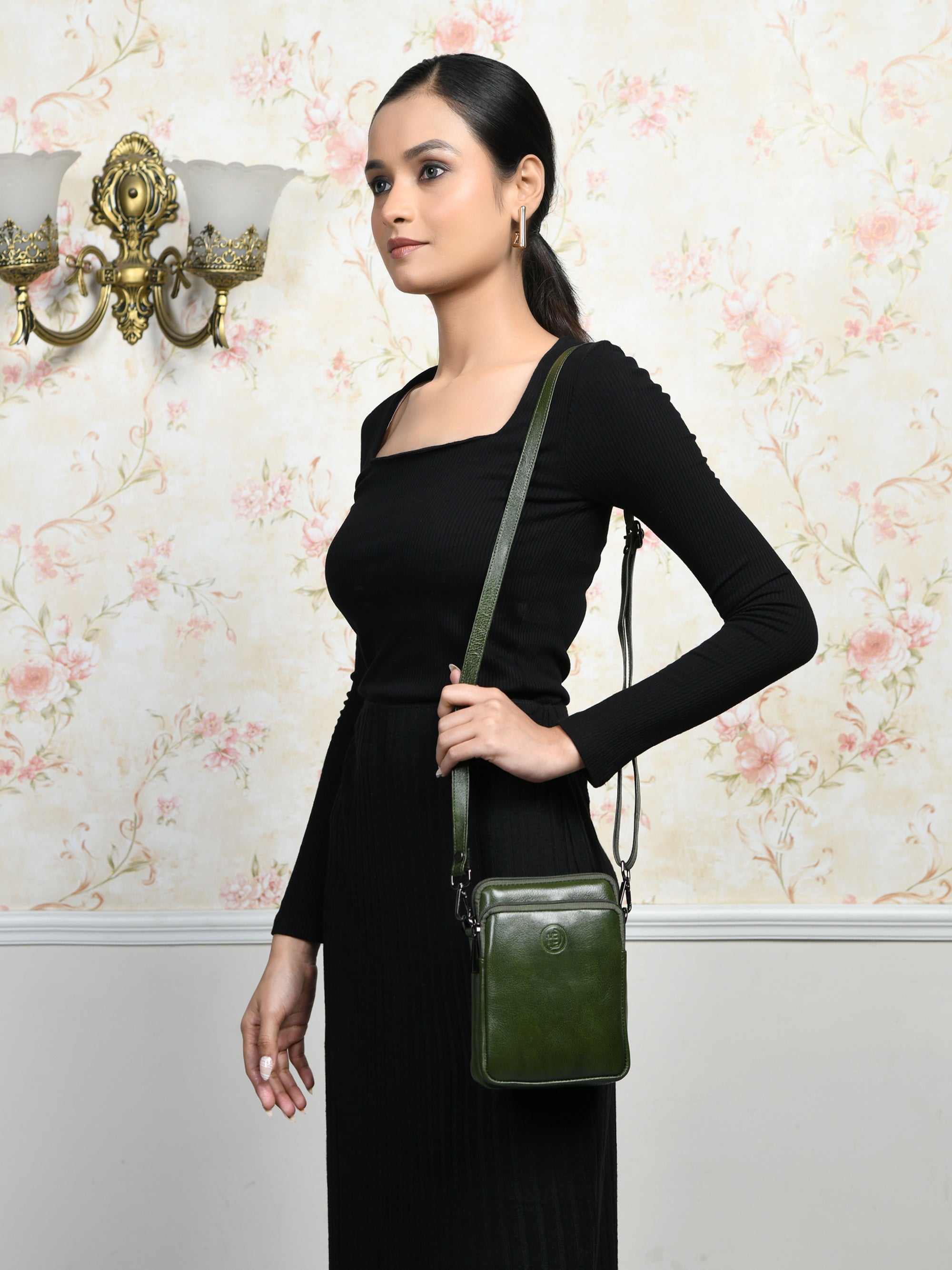 AmberStride Leather Sling Bag – Olive Colour