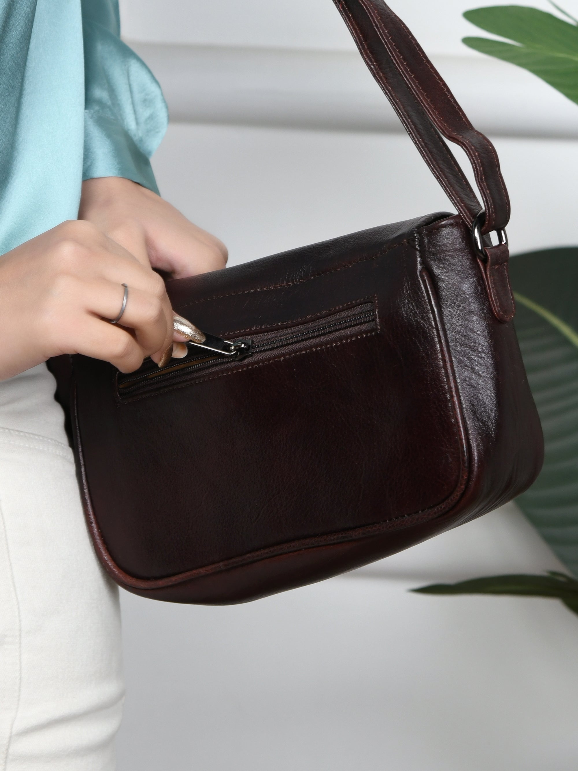 Verdant Elegance Women's Leather Handbag - Brown Colour