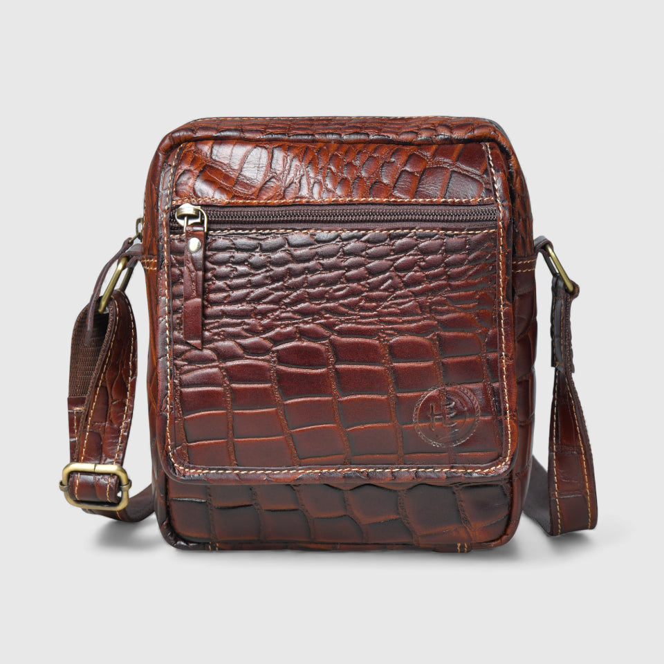Croc-Embossed Vintage Leather Sling Bag