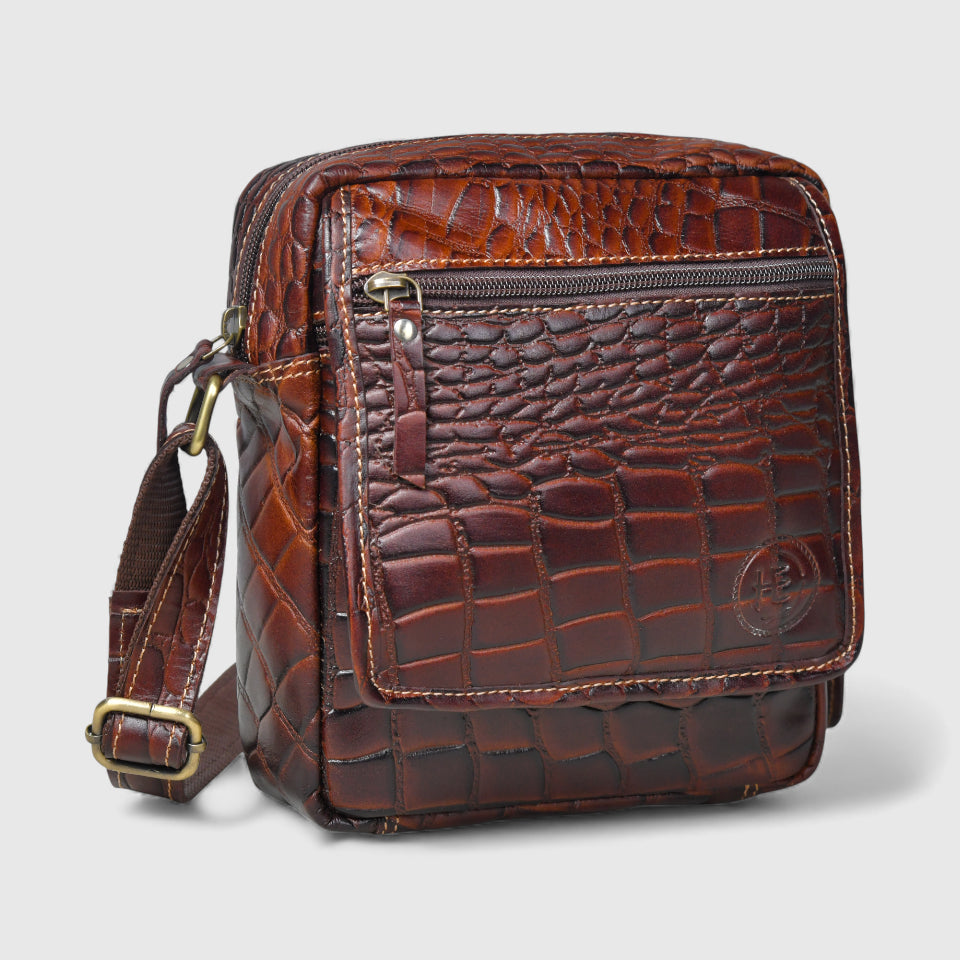 Croc-Embossed Vintage Leather Sling Bag
