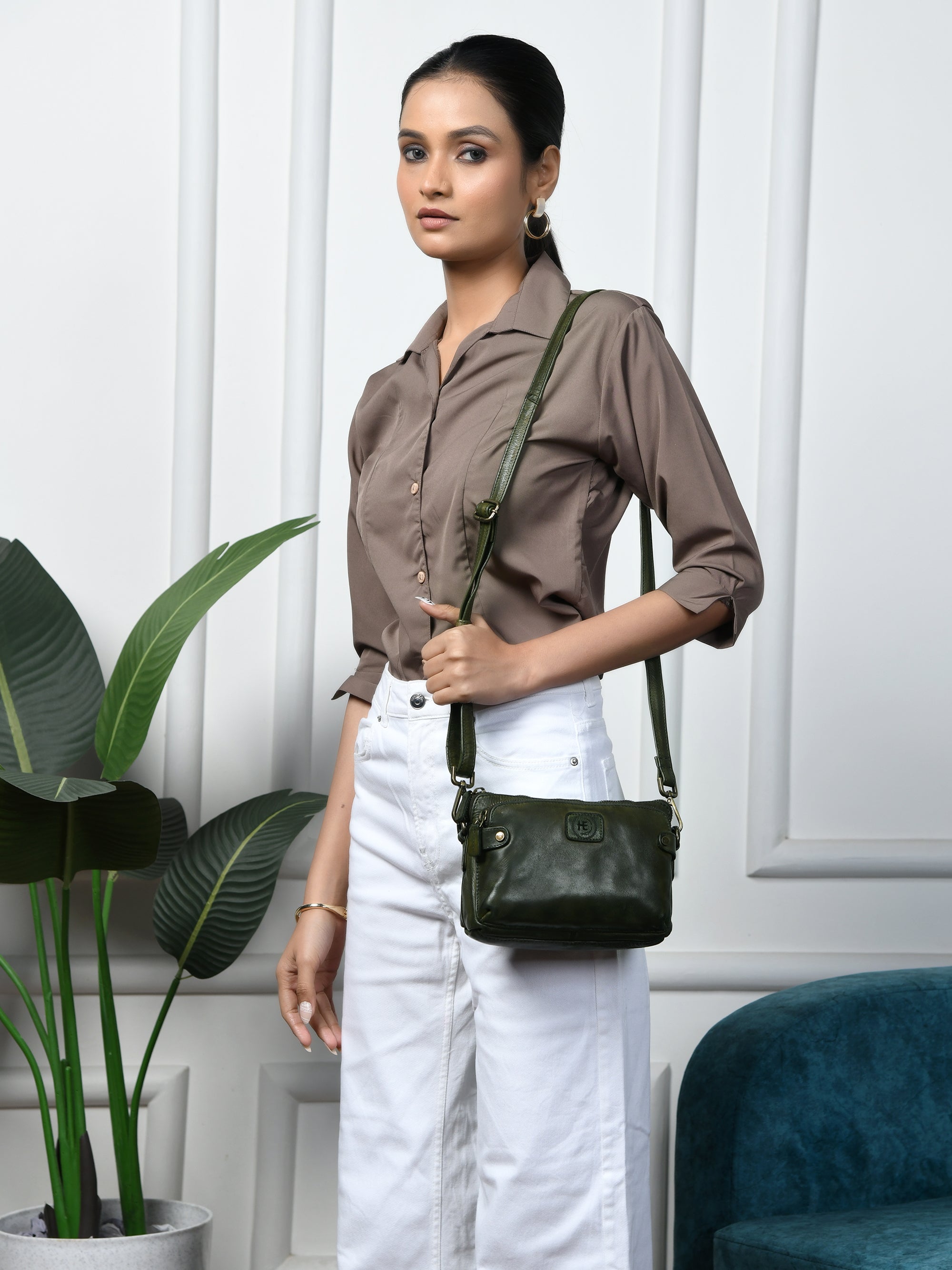 Classic Cognac Leather Women's Handbag - Olive Colour