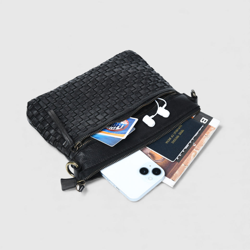Woven Elegance Leather Handbag - Black Colour