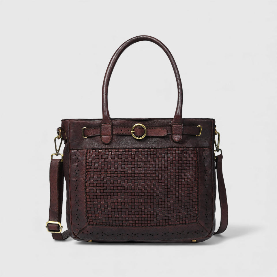 Vintage Woven Espresso Leather Women's Handbag - Brown Colour