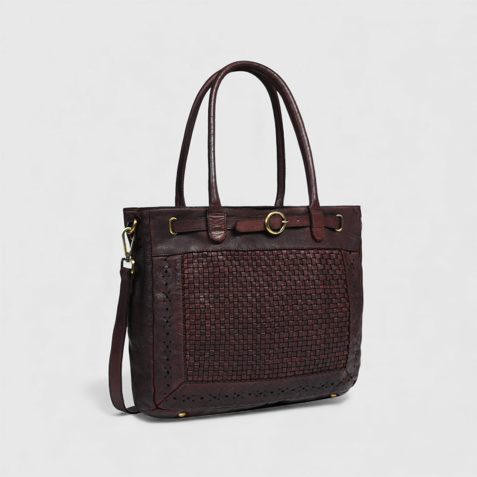Vintage Woven Espresso Leather Women's Handbag - Brown Colour
