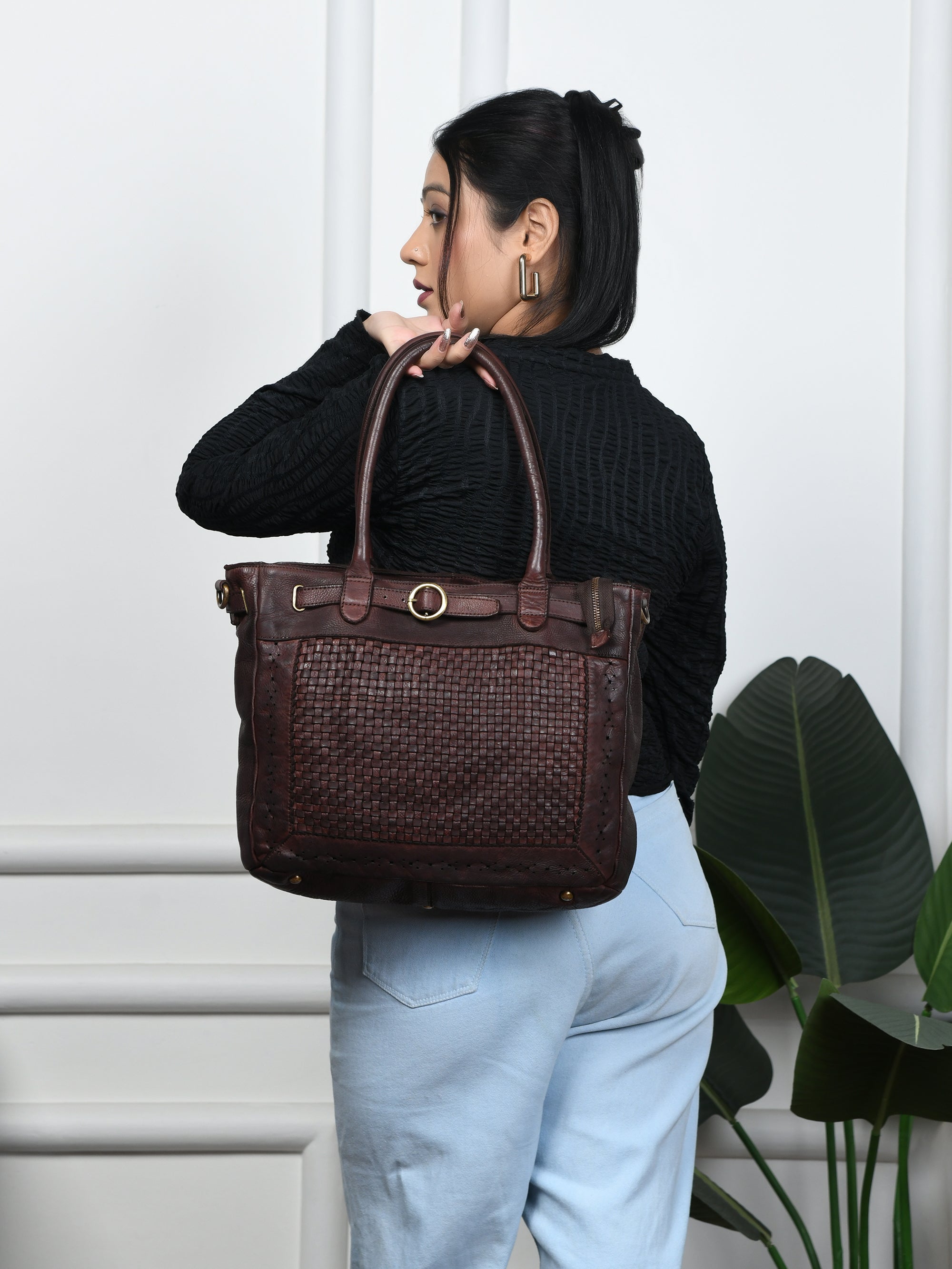 Vintage Woven Espresso Leather Women's Handbag - Brown Colour