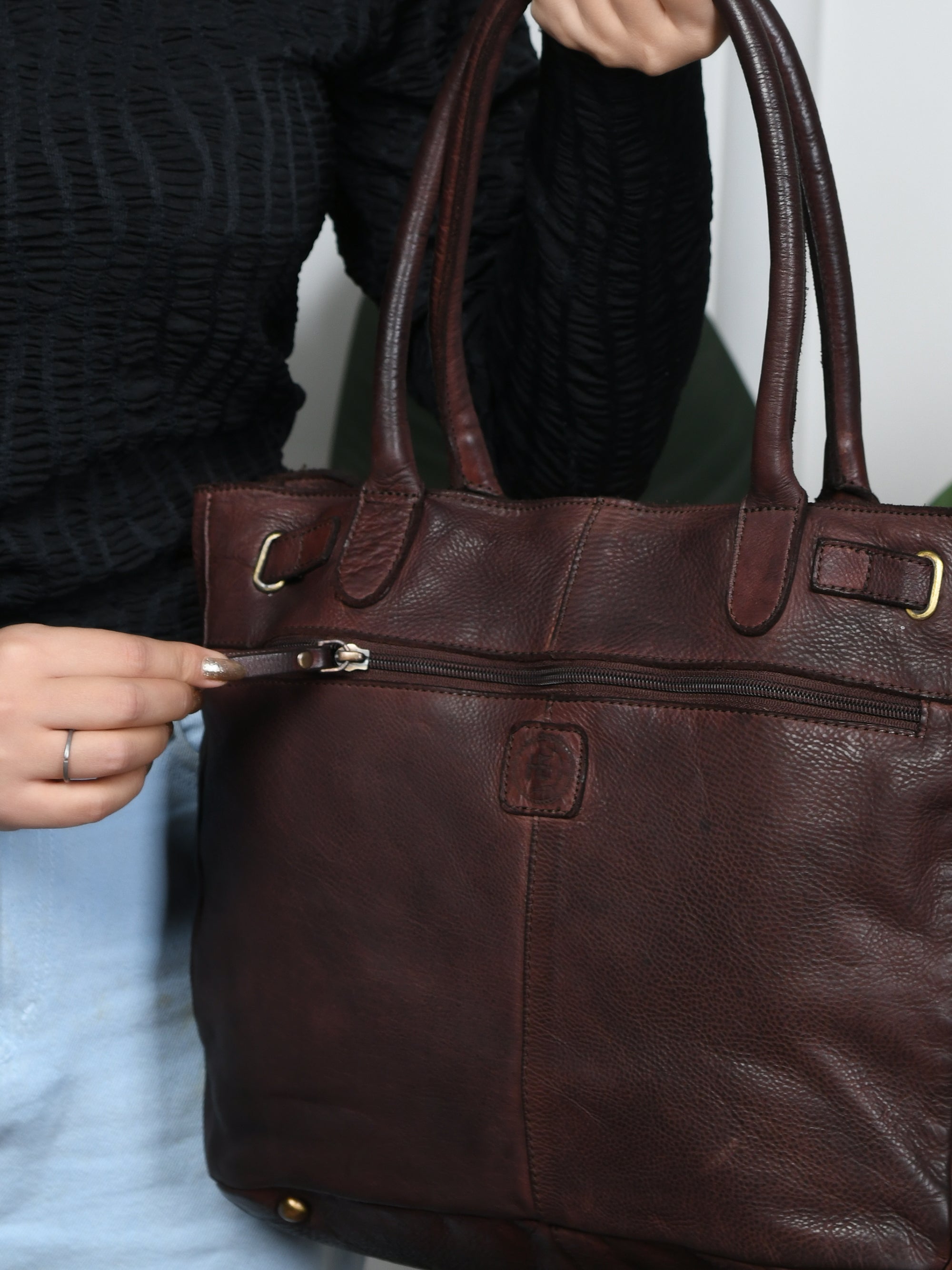 Vintage Woven Espresso Leather Women's Handbag - Brown Colour