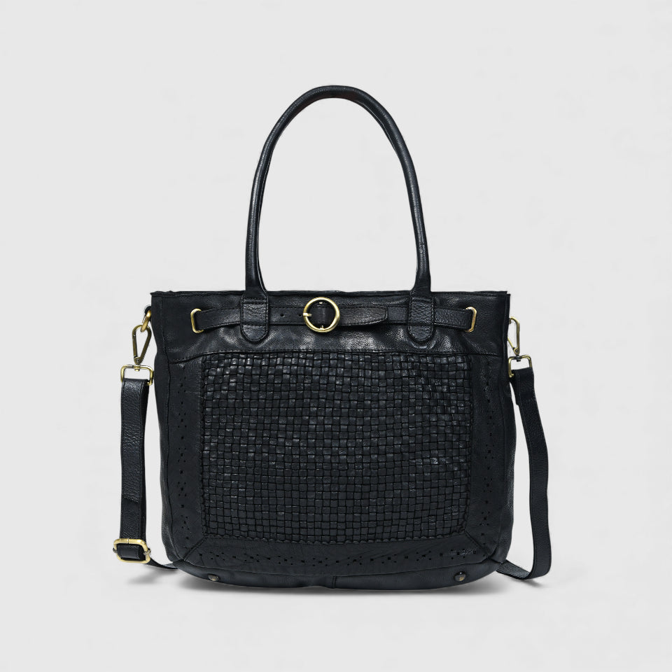 Vintage Woven Espresso Leather Women's Handbag - Black Colour