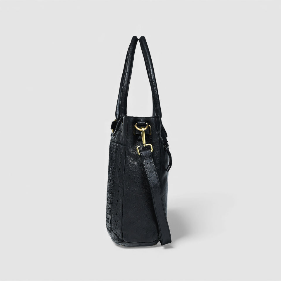 Vintage Woven Espresso Leather Women's Handbag - Black Colour