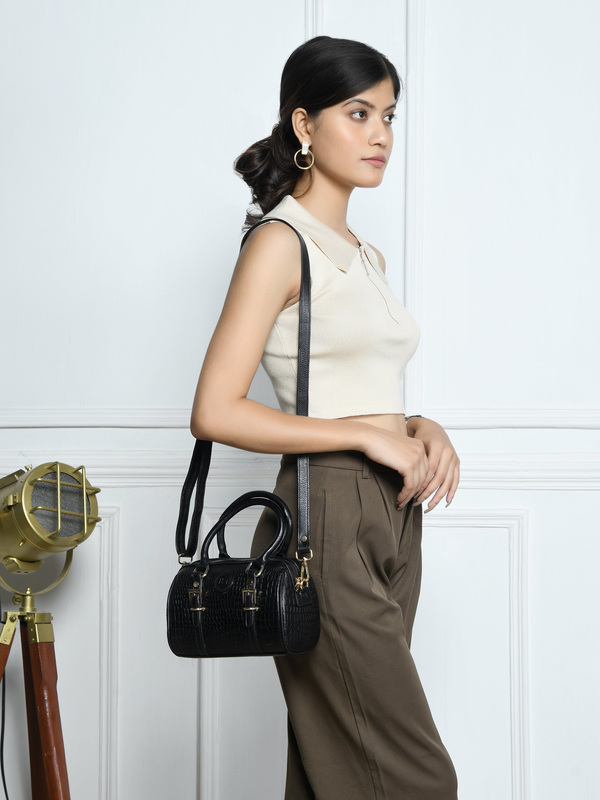 Emerald Luxe Croc Satchel Bag - Black Colour