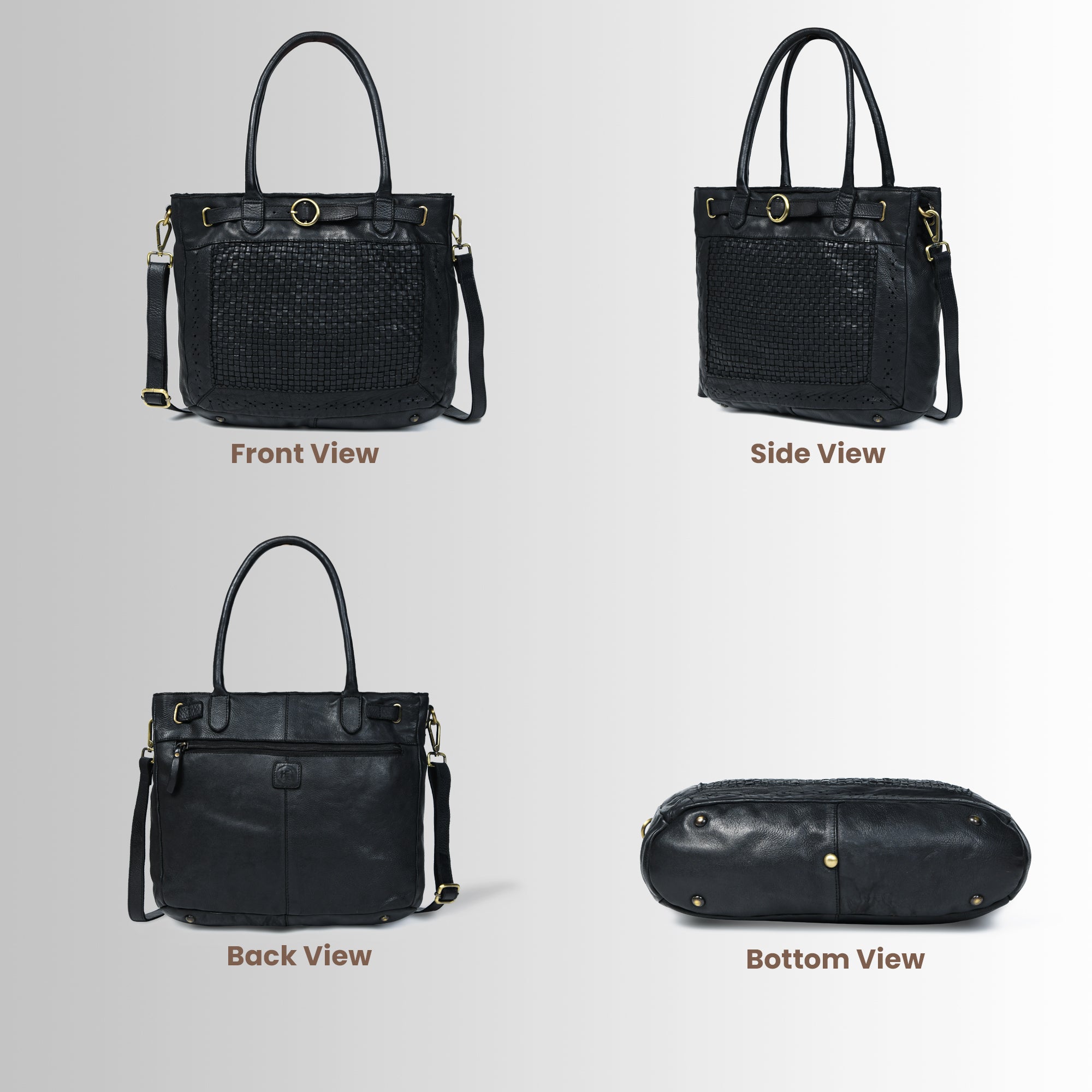 Vintage Woven Espresso Leather Women's Handbag - Black Colour