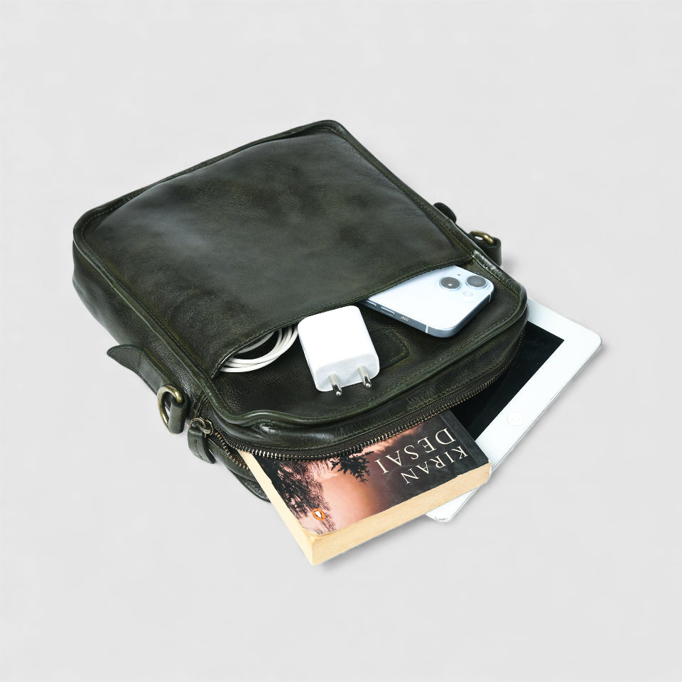 Verdant Trail Leather Sling Bag – Olive Colour