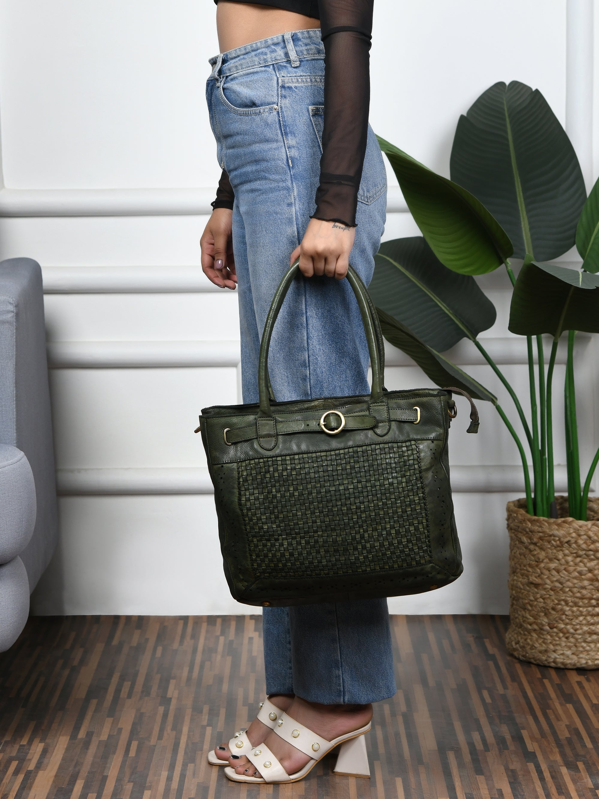 Vintage Woven Espresso Leather Women's Handbag - Olive Colour